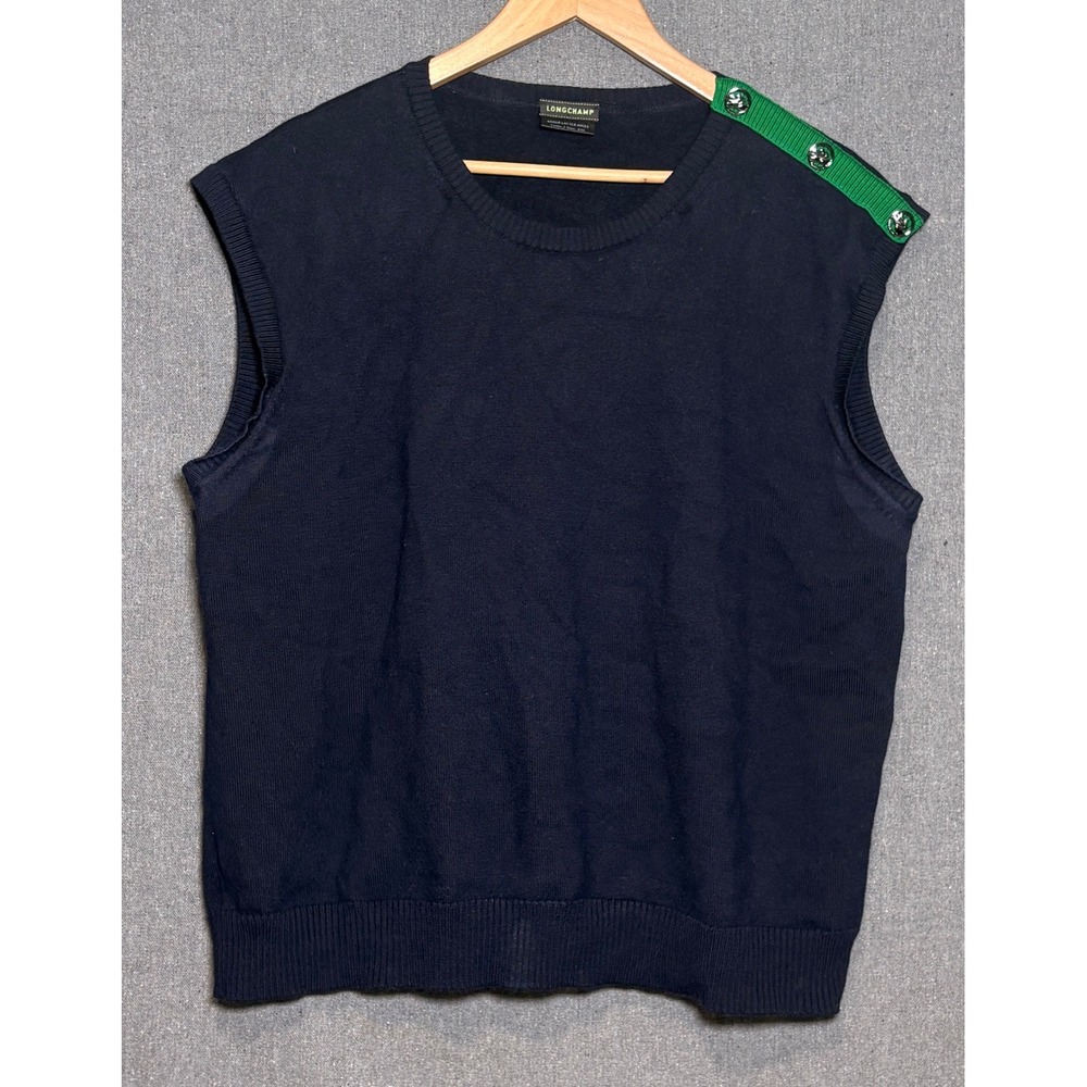 Longchamp Navy Blue 100% Merino Wool Sweater Vest Green Shoulder Button XXL